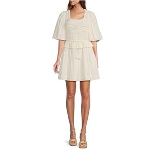 Off-White Puff Sleeve Crochet Mini Dress